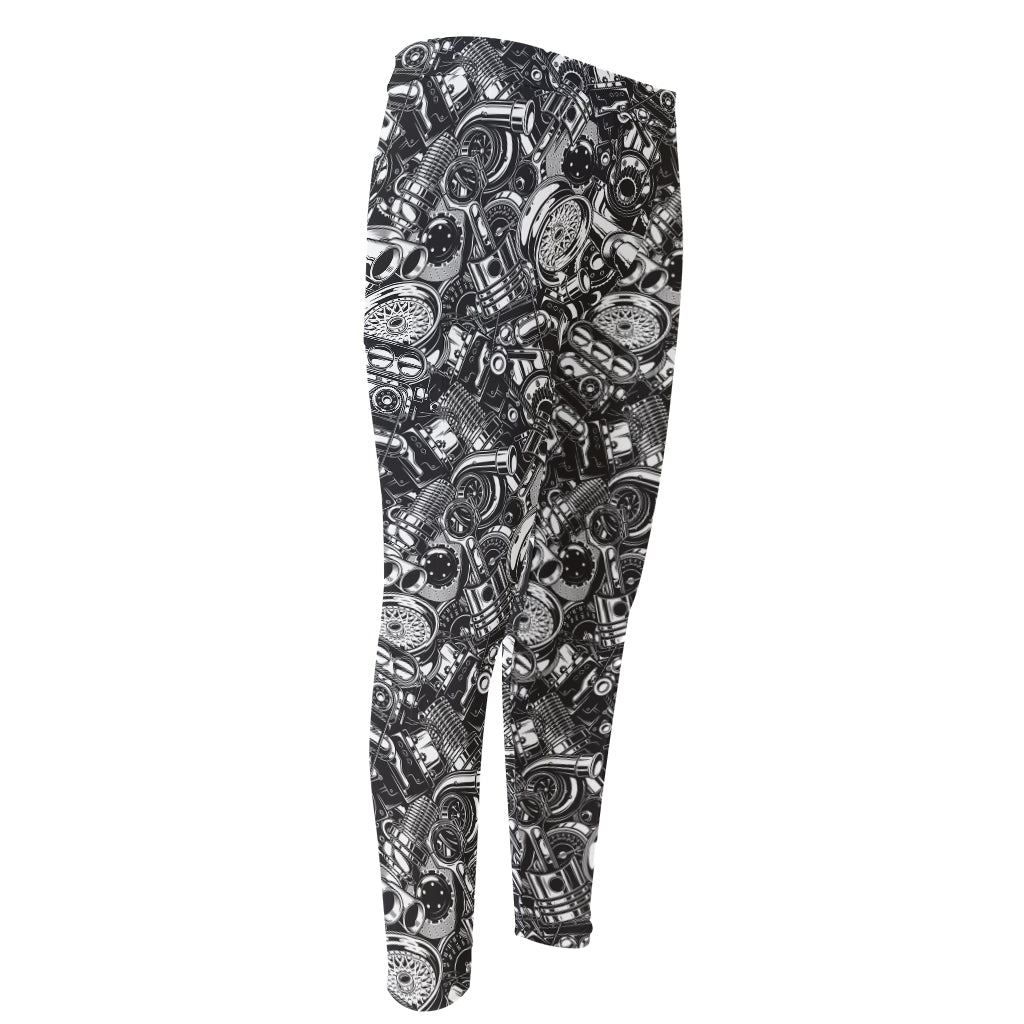 Black And White Mechanic Pattern Print Men's Compression Pants