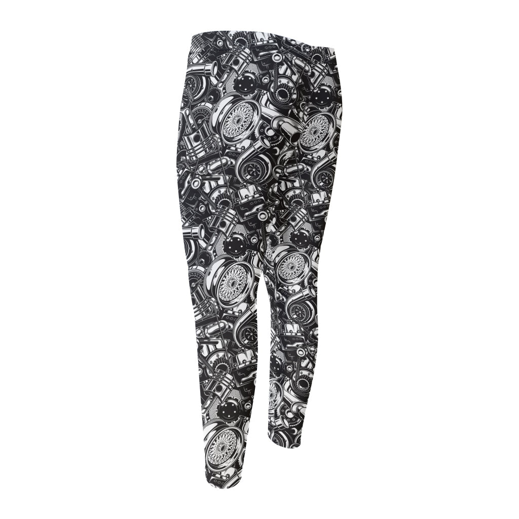 Black And White Mechanic Pattern Print Men's Compression Pants