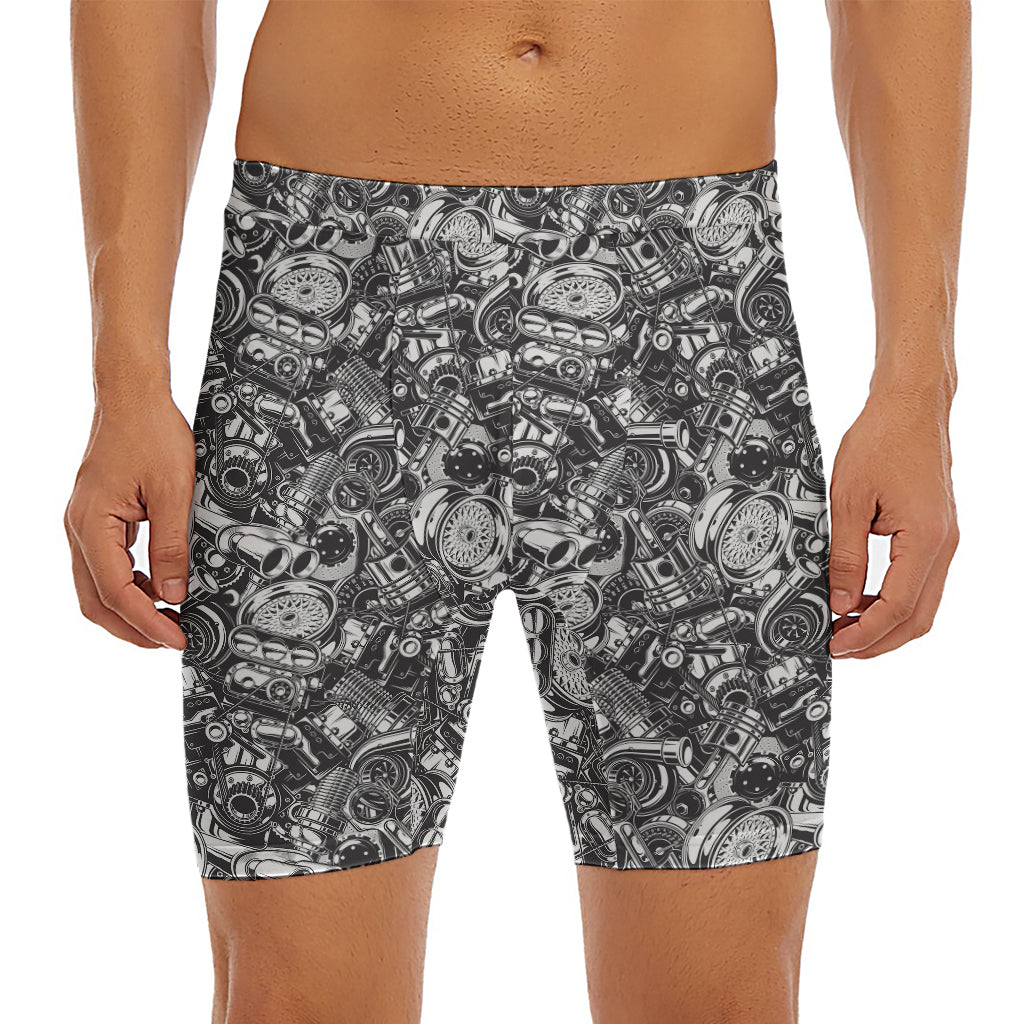 Black And White Mechanic Pattern Print Men's Long Boxer Briefs