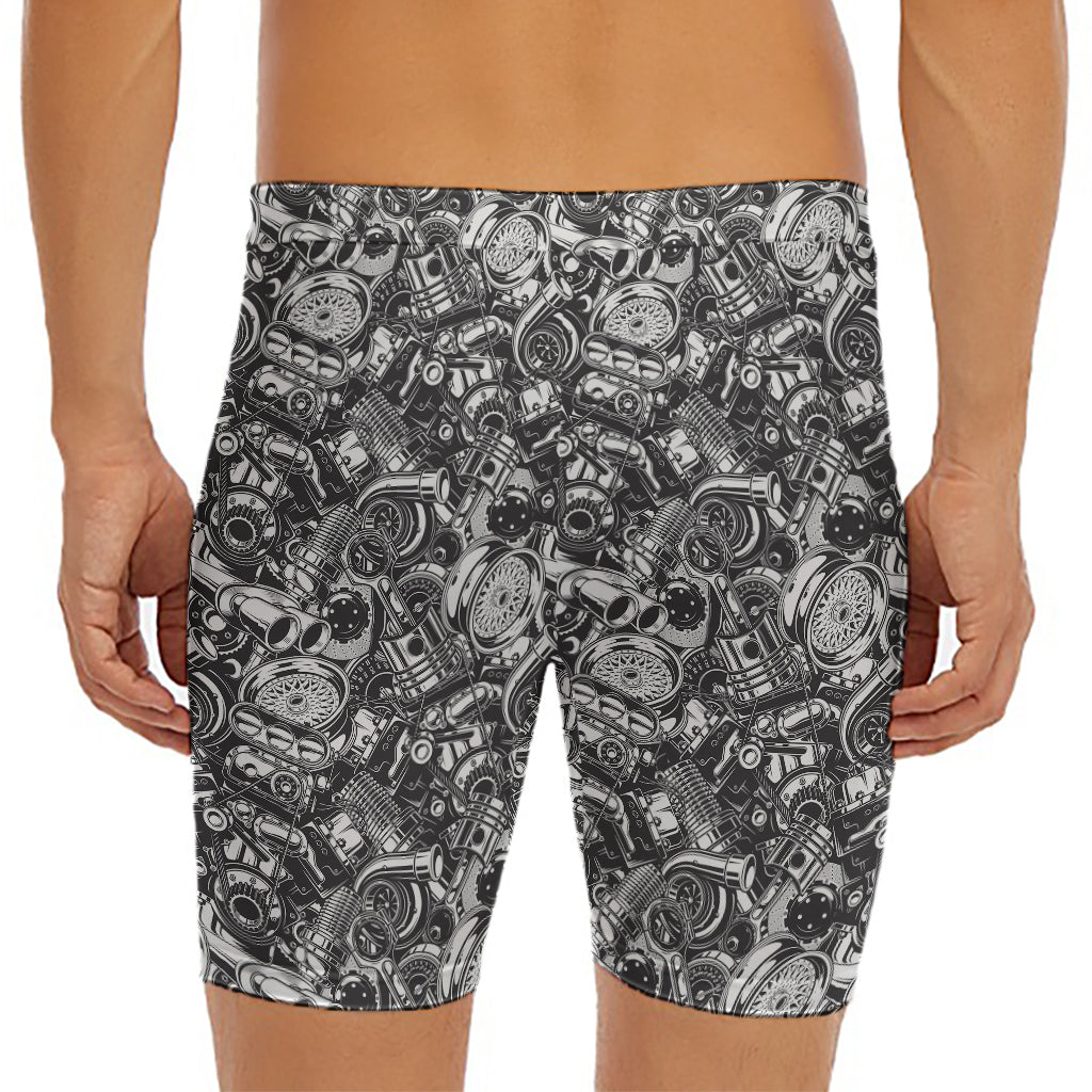 Black And White Mechanic Pattern Print Men's Long Boxer Briefs