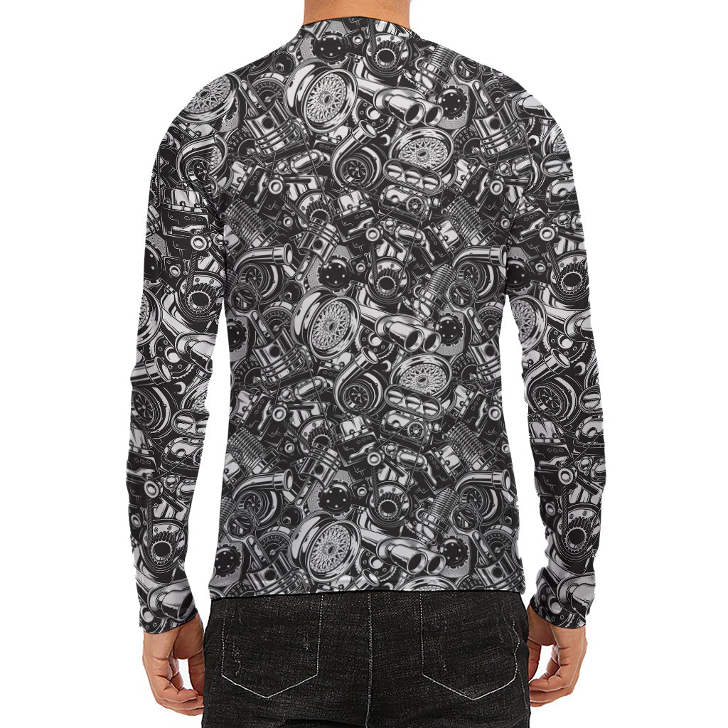 Black And White Mechanic Pattern Print Men's Long Sleeve Rash Guard