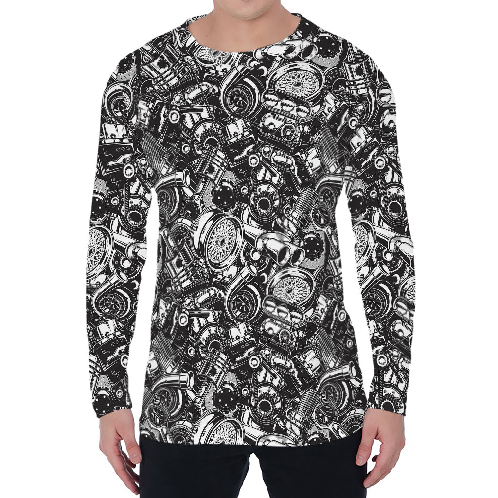 Black And White Mechanic Pattern Print Men's Long Sleeve T-Shirt