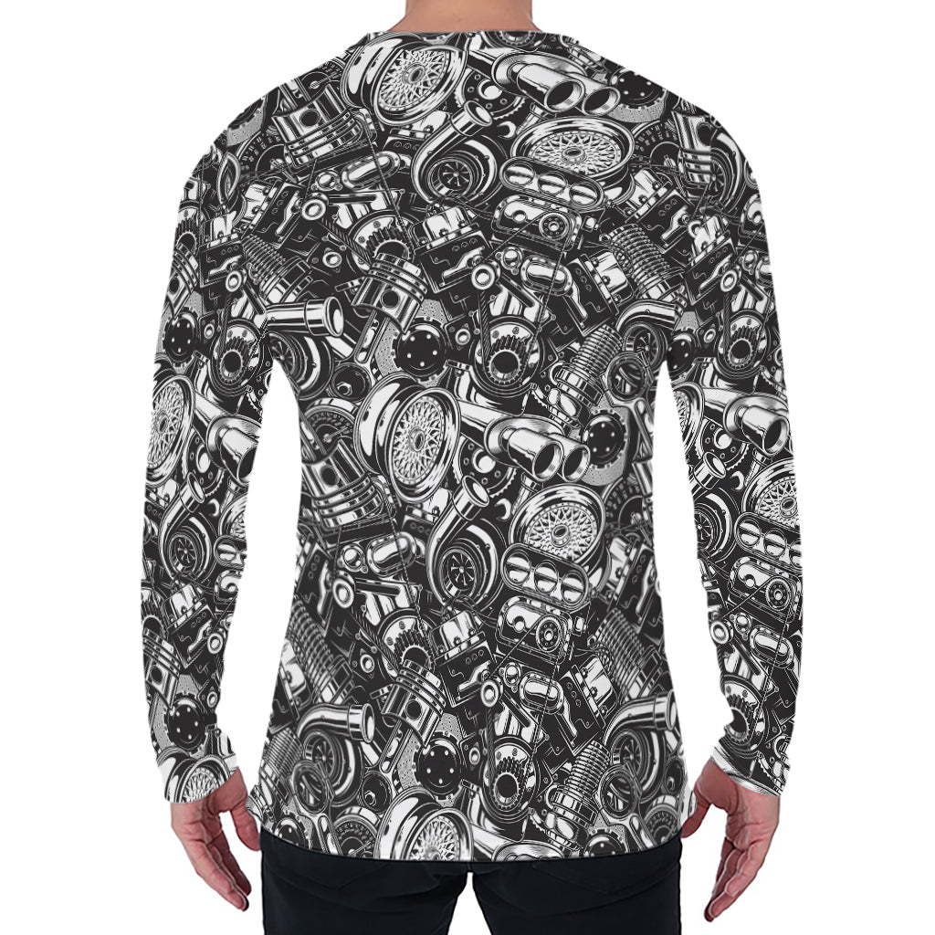 Black And White Mechanic Pattern Print Men's Long Sleeve T-Shirt