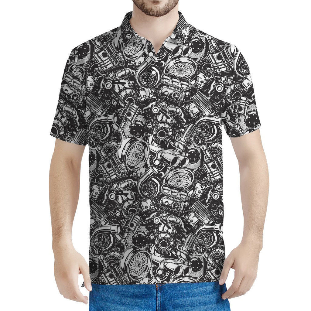 Black And White Mechanic Pattern Print Men's Polo Shirt