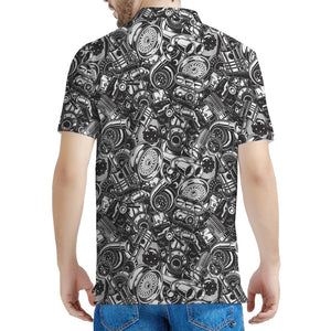 Black And White Mechanic Pattern Print Men's Polo Shirt