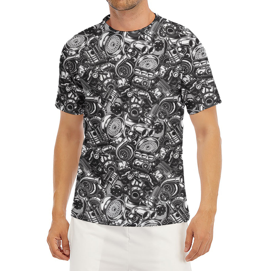 Black And White Mechanic Pattern Print Men's Short Sleeve Rash Guard