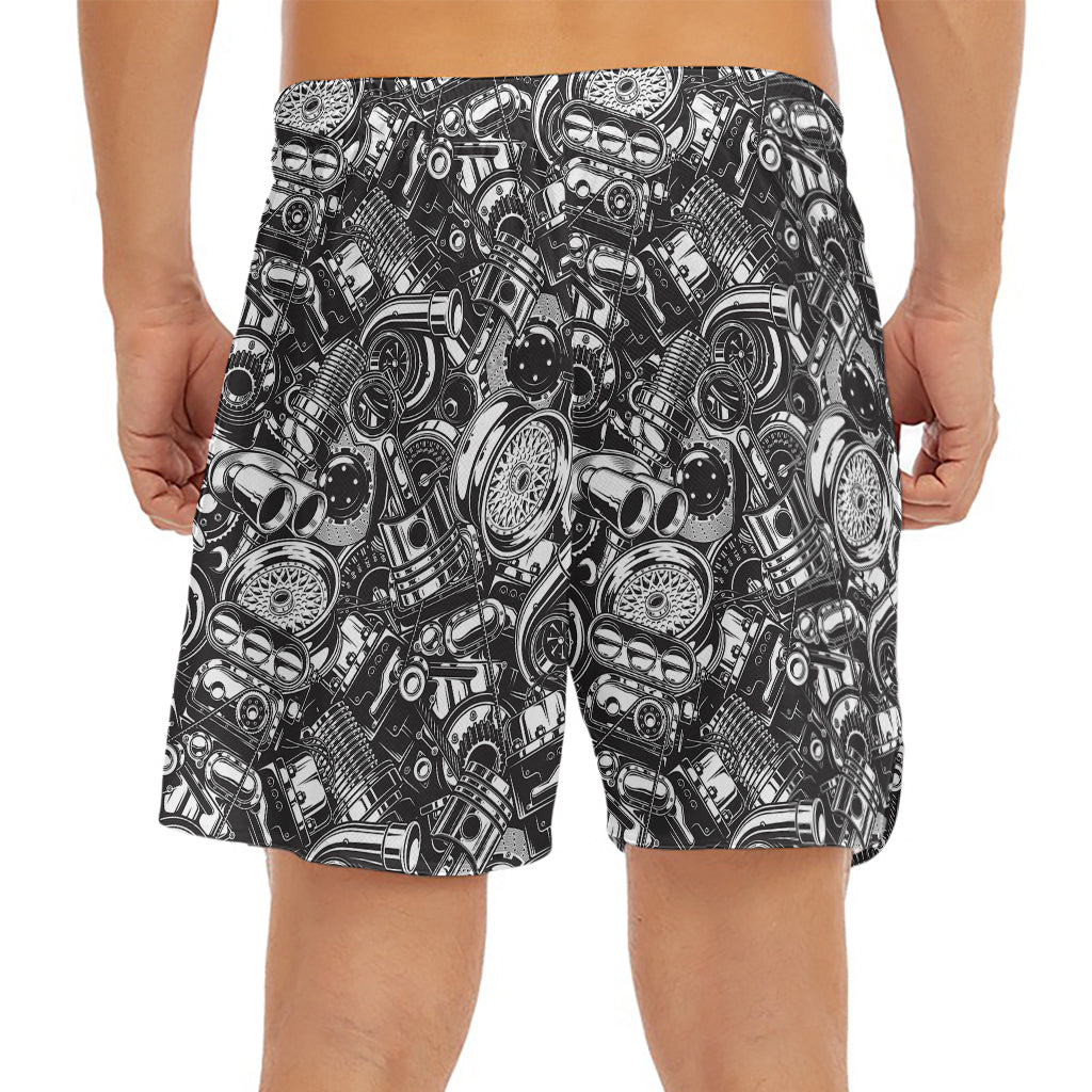 Black And White Mechanic Pattern Print Men's Split Running Shorts