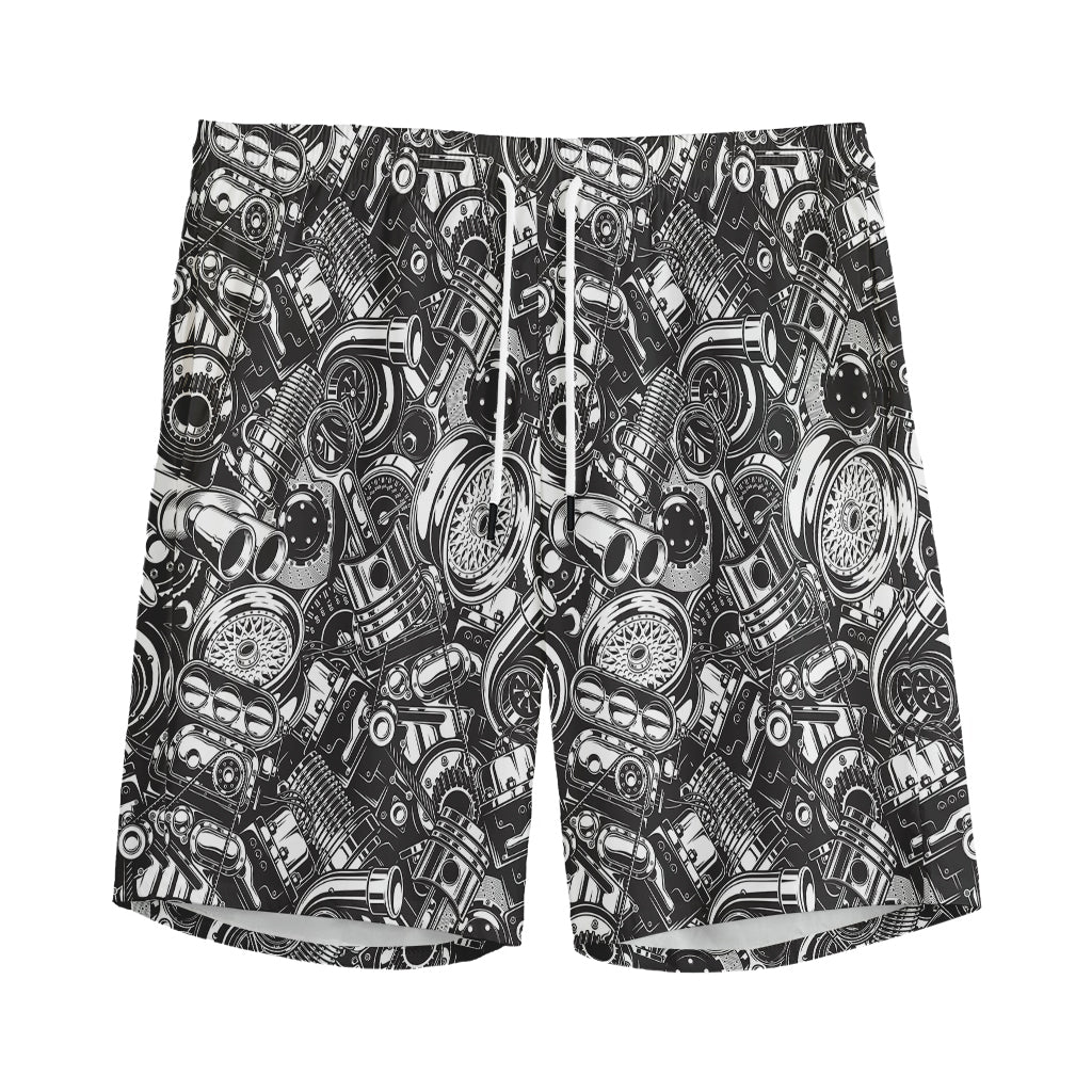 Black And White Mechanic Pattern Print Men's Sports Shorts