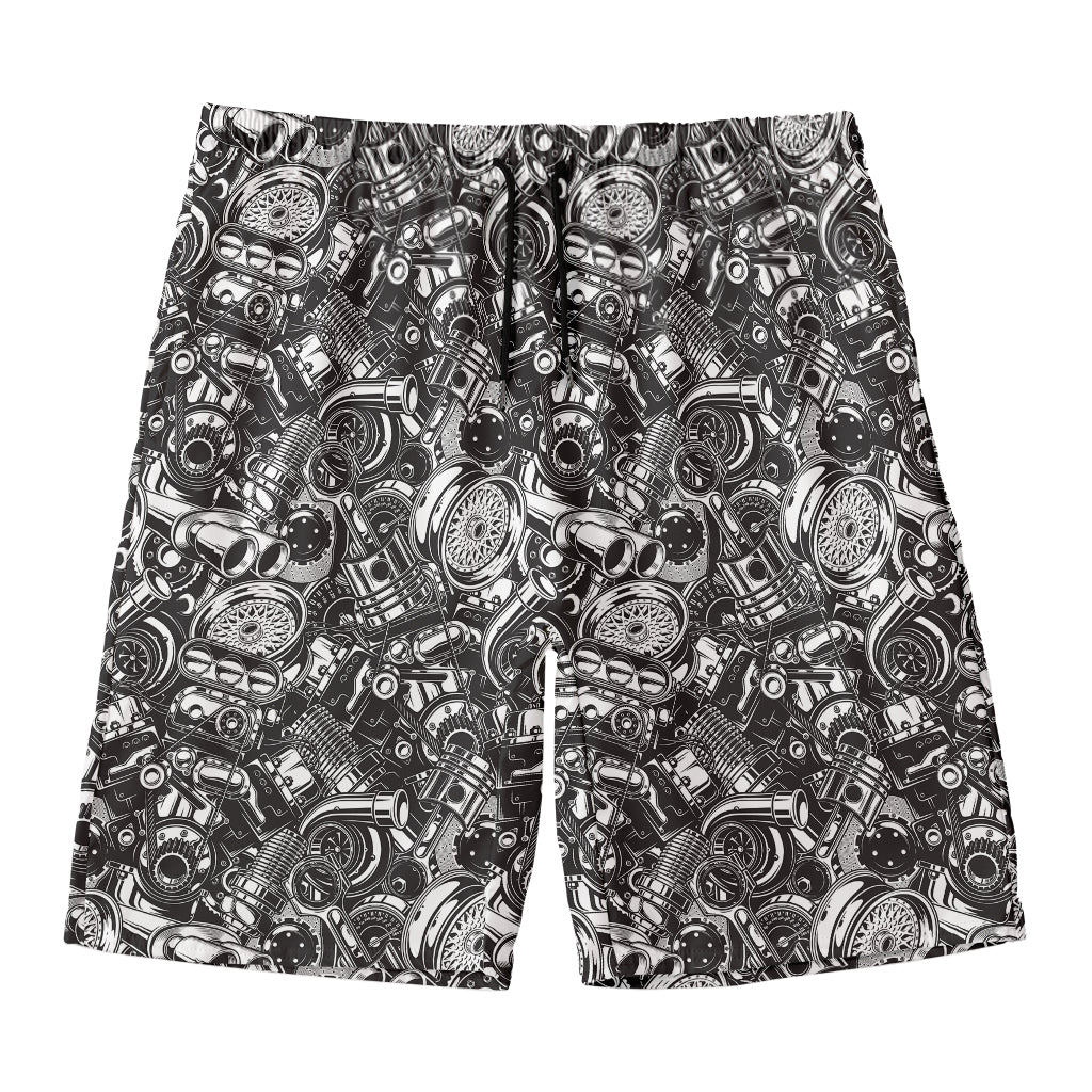 Black And White Mechanic Pattern Print Men's Swim Trunks