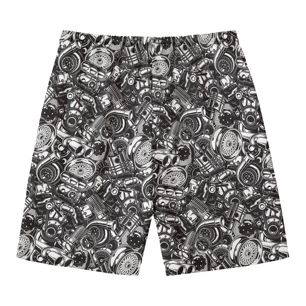 Black And White Mechanic Pattern Print Men's Swim Trunks