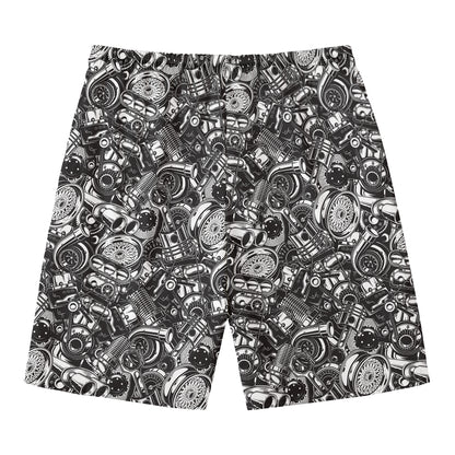 Black And White Mechanic Pattern Print Men's Swim Trunks