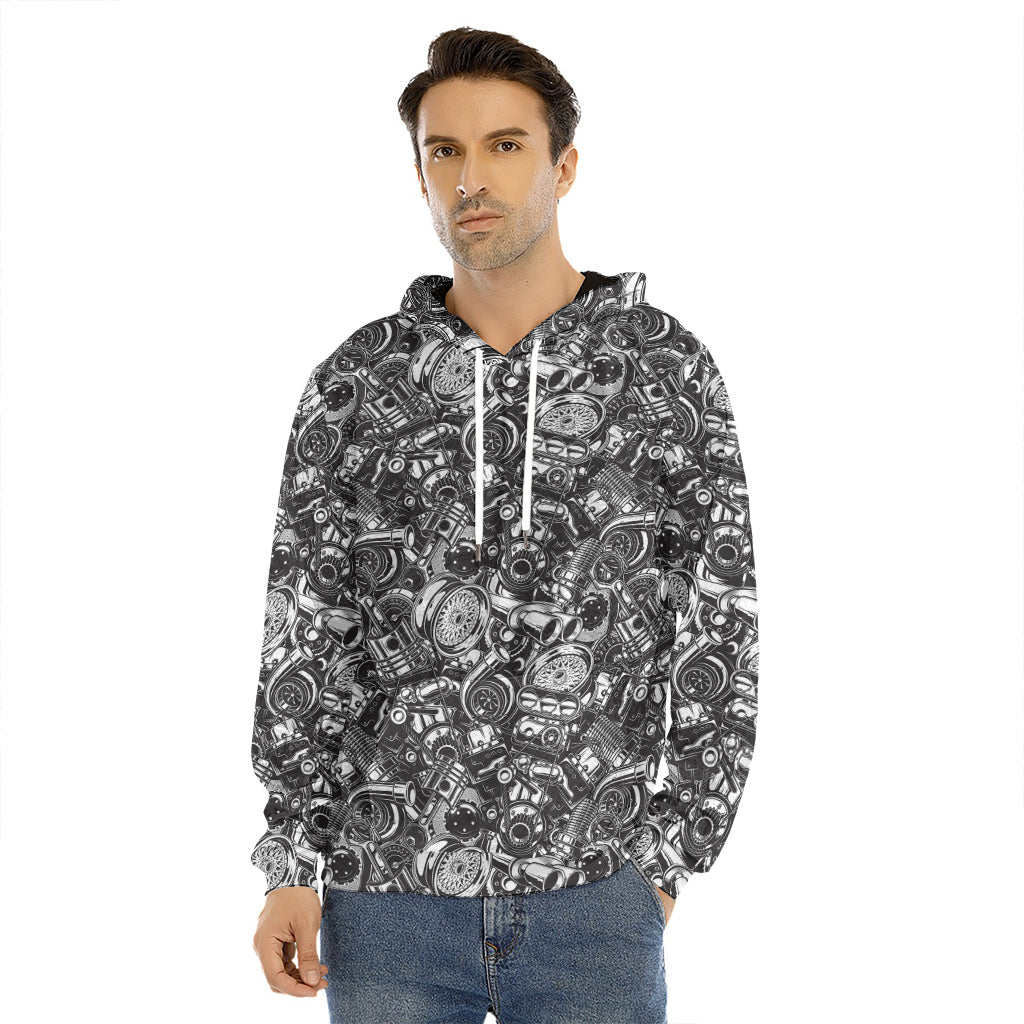 Black And White Mechanic Pattern Print Men's Velvet Pullover Hoodie