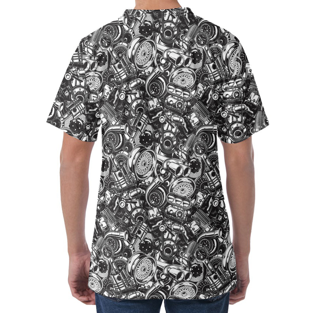 Black And White Mechanic Pattern Print Men's Velvet T-Shirt