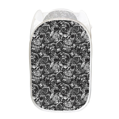 Black And White Mechanic Pattern Print Mesh Laundry Hamper
