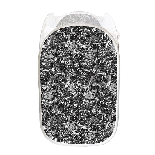 Black And White Mechanic Pattern Print Mesh Laundry Hamper