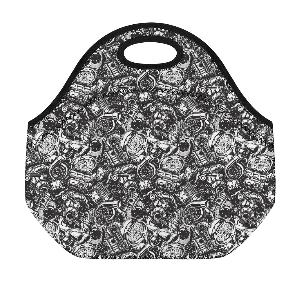 Black And White Mechanic Pattern Print Neoprene Lunch Bag