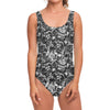 Black And White Mechanic Pattern Print One Piece Swimsuit