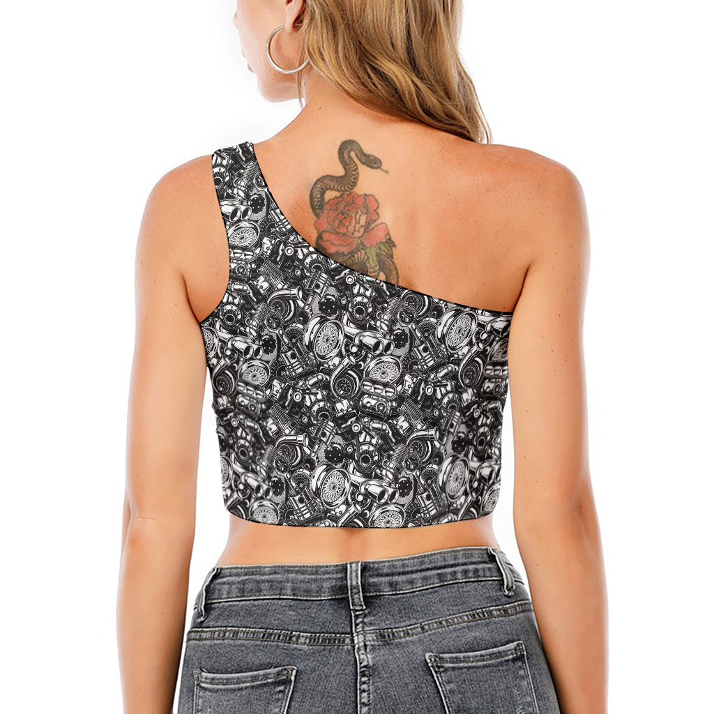 Black And White Mechanic Pattern Print One Shoulder Crop Top