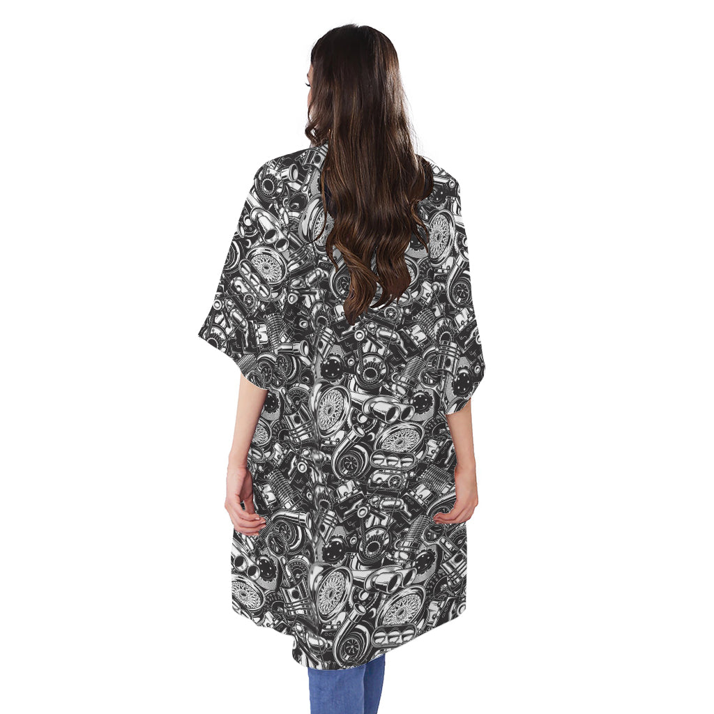 Black And White Mechanic Pattern Print Open Front Beach Cover Up