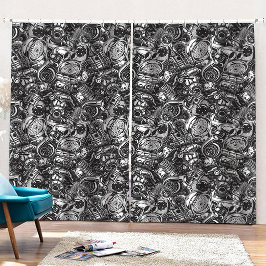 Black And White Mechanic Pattern Print Pencil Pleat Curtains