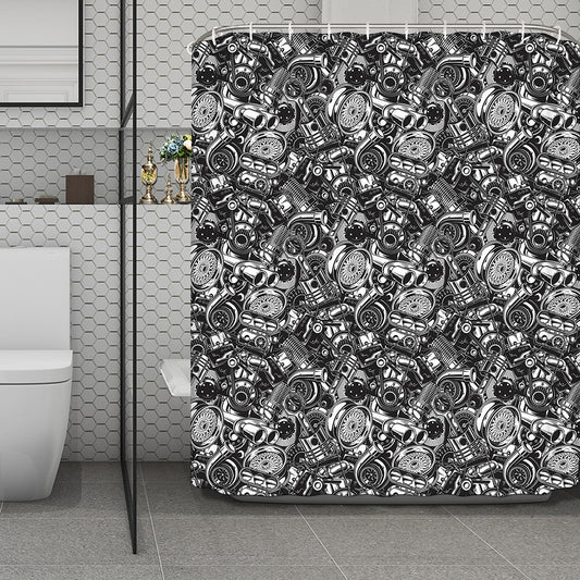 Black And White Mechanic Pattern Print Polyester Shower Curtain