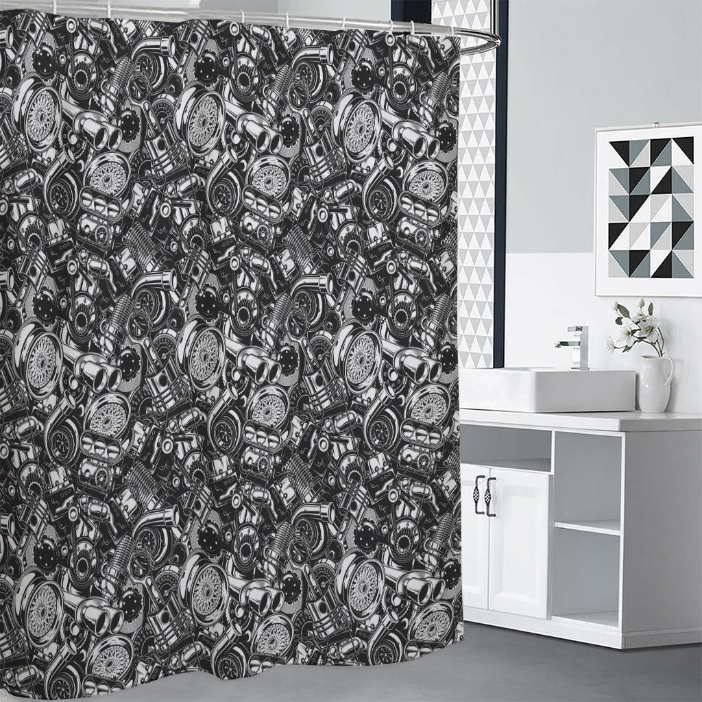 Black And White Mechanic Pattern Print Premium Shower Curtain