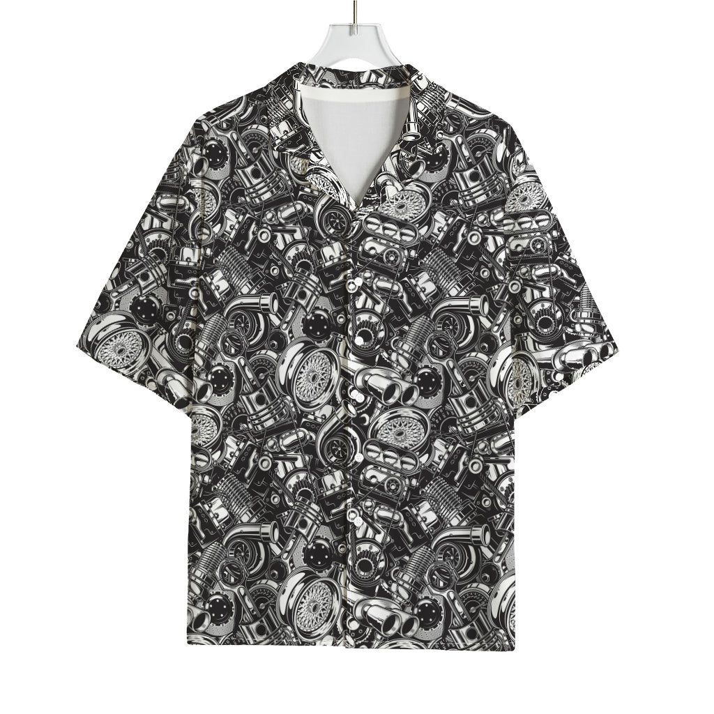 Black And White Mechanic Pattern Print Rayon Hawaiian Shirt