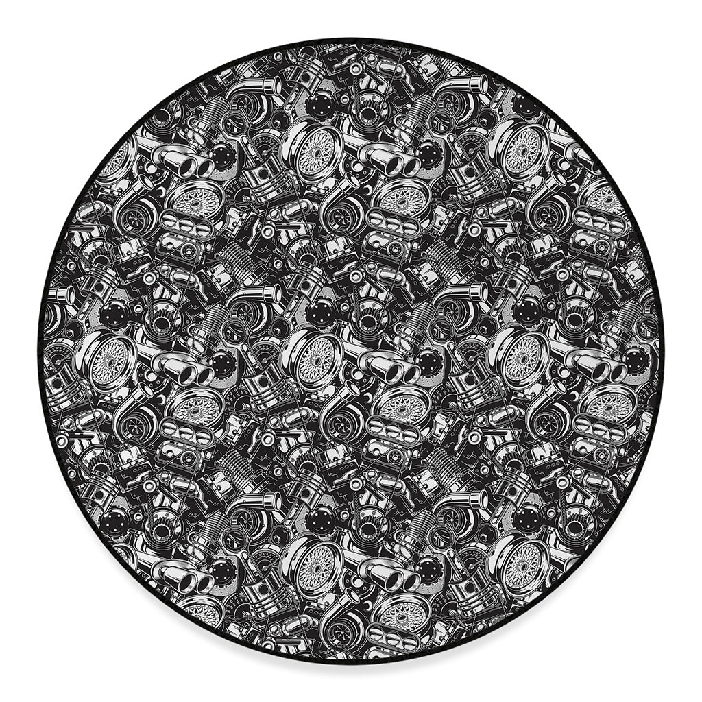 Black And White Mechanic Pattern Print Round Floor Mat