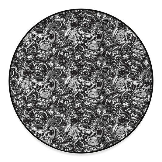 Black And White Mechanic Pattern Print Round Floor Mat