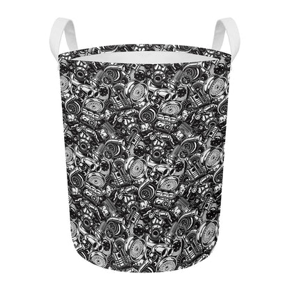 Black And White Mechanic Pattern Print Round Laundry Basket