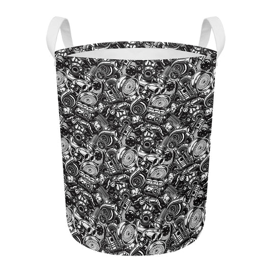 Black And White Mechanic Pattern Print Round Laundry Basket