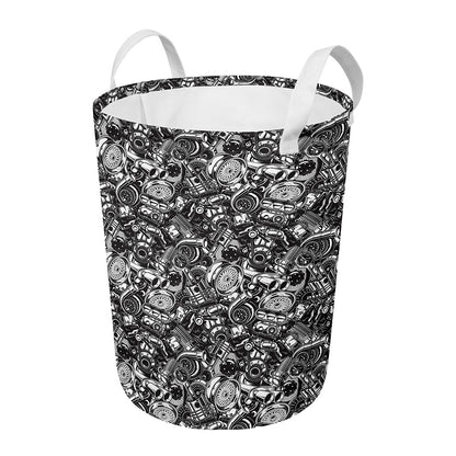 Black And White Mechanic Pattern Print Round Laundry Basket