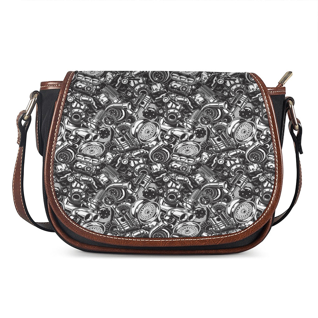 Black And White Mechanic Pattern Print Saddle Bag