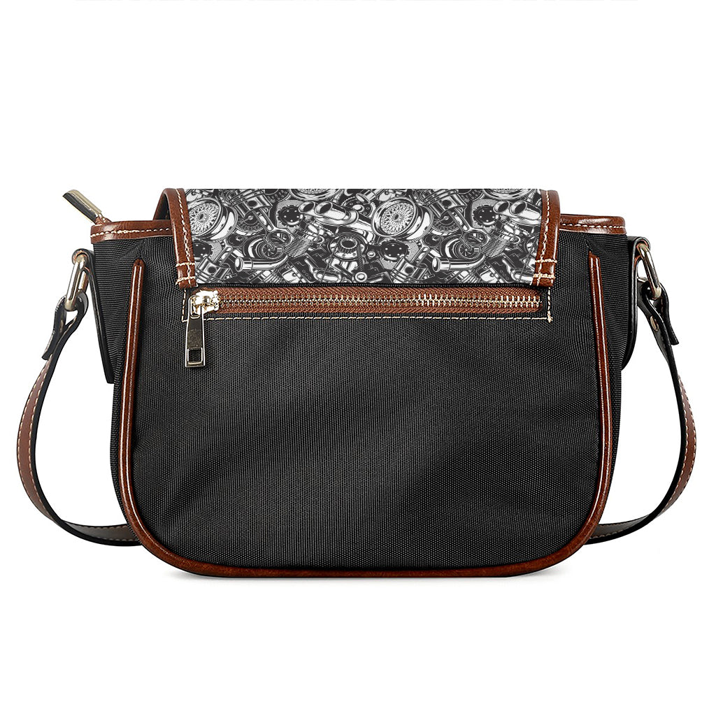 Black And White Mechanic Pattern Print Saddle Bag