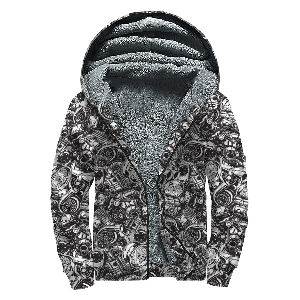 Black And White Mechanic Pattern Print Sherpa Lined Zip Up Hoodie