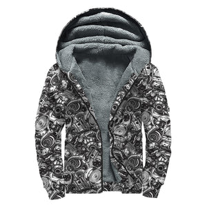 Black And White Mechanic Pattern Print Sherpa Lined Zip Up Hoodie