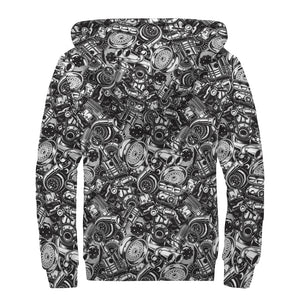 Black And White Mechanic Pattern Print Sherpa Lined Zip Up Hoodie