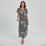 Black And White Mechanic Pattern Print Short Sleeve Maxi Dress