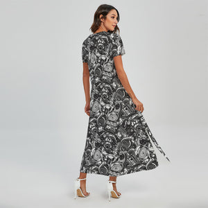 Black And White Mechanic Pattern Print Short Sleeve Maxi Dress