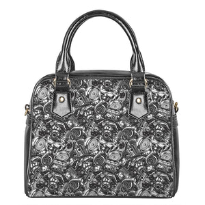 Black And White Mechanic Pattern Print Shoulder Handbag