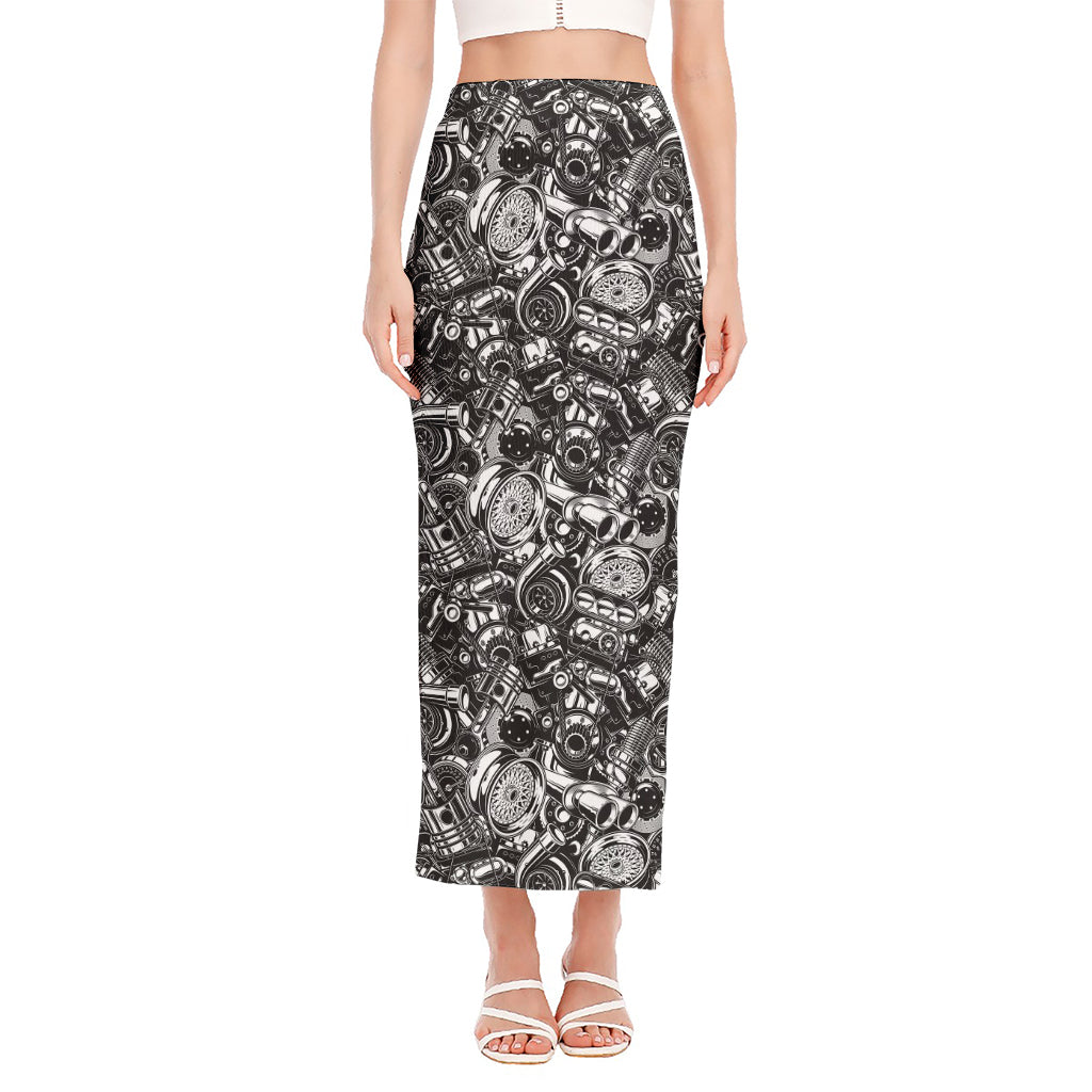 Black And White Mechanic Pattern Print Side Slit Maxi Skirt