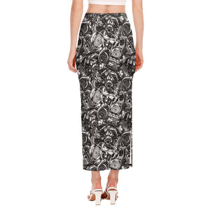 Black And White Mechanic Pattern Print Side Slit Maxi Skirt