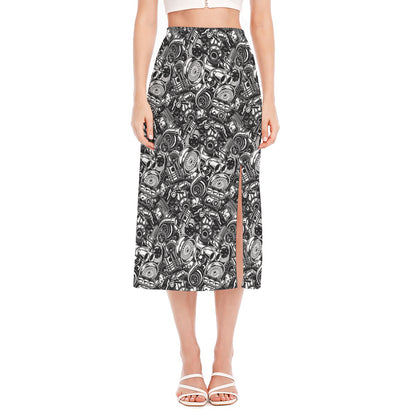 Black And White Mechanic Pattern Print Side Slit Midi Skirt