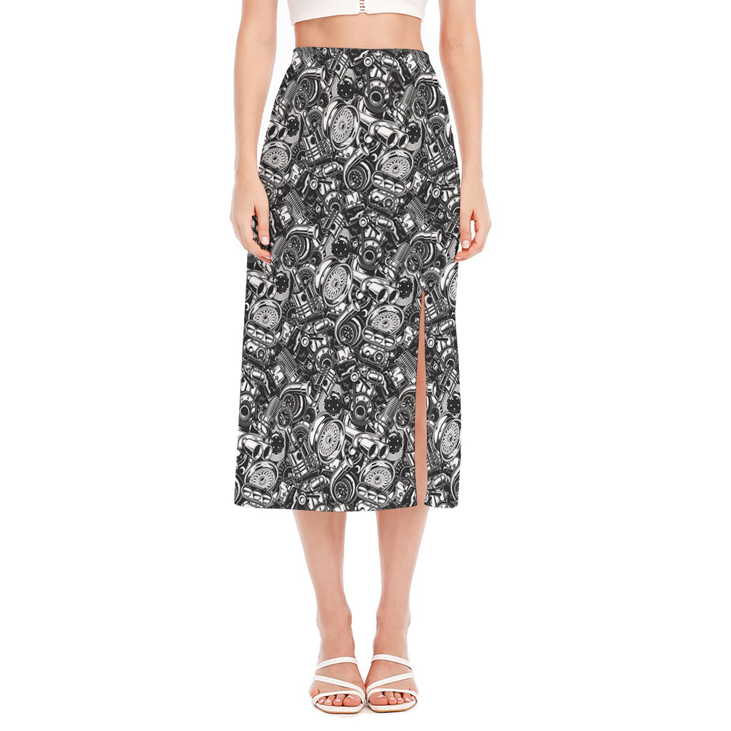 Black And White Mechanic Pattern Print Side Slit Midi Skirt