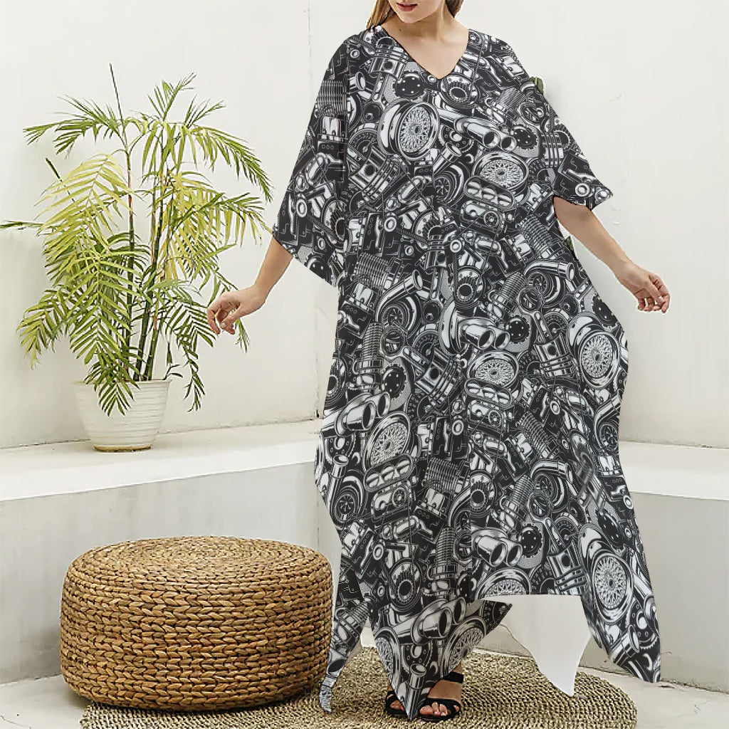 Black And White Mechanic Pattern Print Silk V-Neck Kaftan Dress