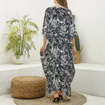 Black And White Mechanic Pattern Print Silk V-Neck Kaftan Dress