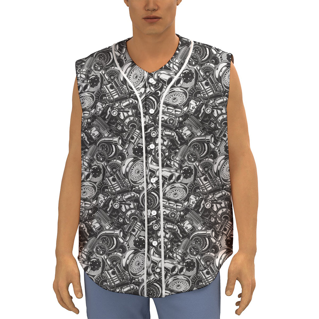 Black And White Mechanic Pattern Print Sleeveless Baseball Jersey