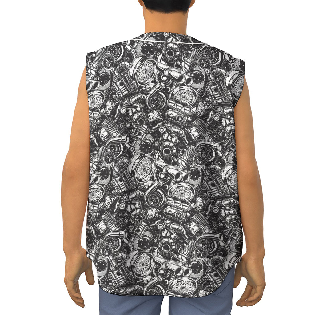 Black And White Mechanic Pattern Print Sleeveless Baseball Jersey