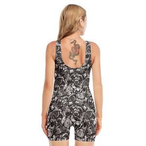 Black And White Mechanic Pattern Print Sleeveless One Piece Swimsuit