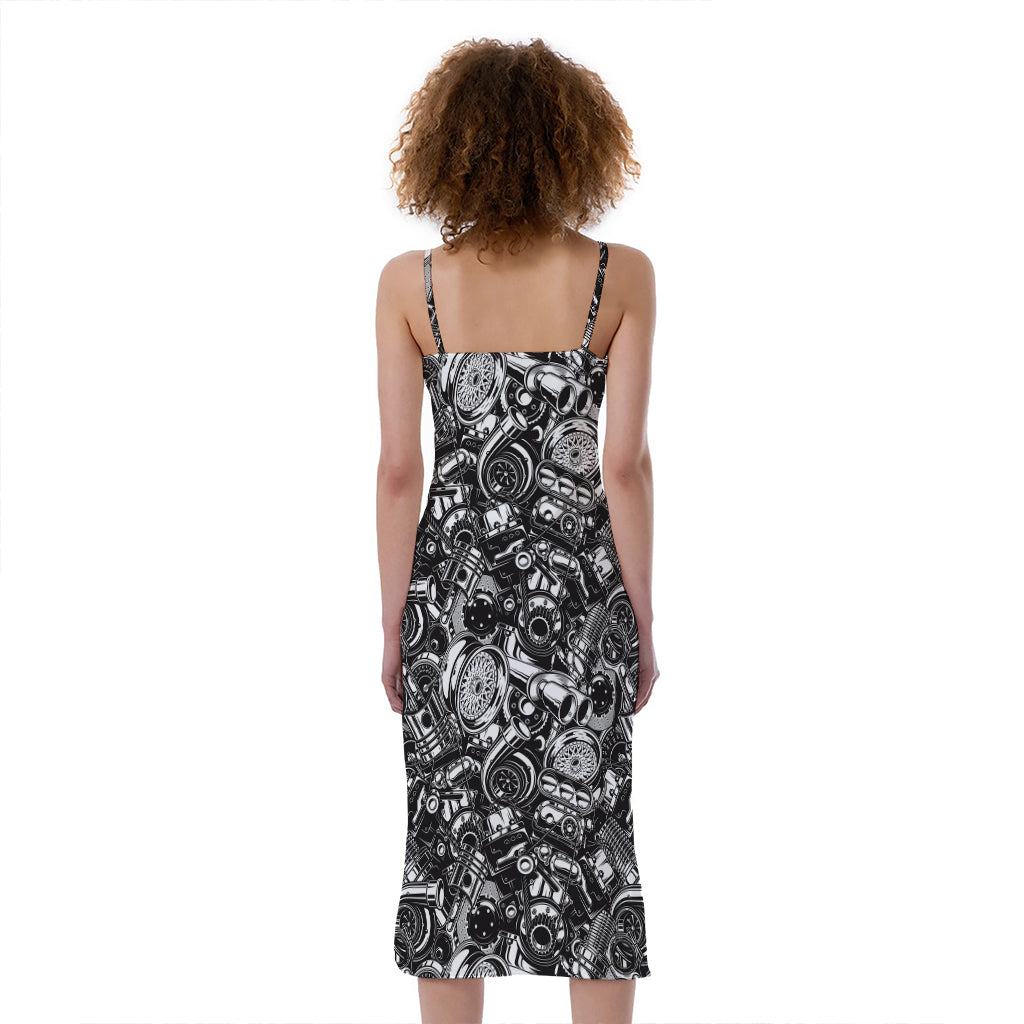 Black And White Mechanic Pattern Print Slim Fit Midi Cami Dress